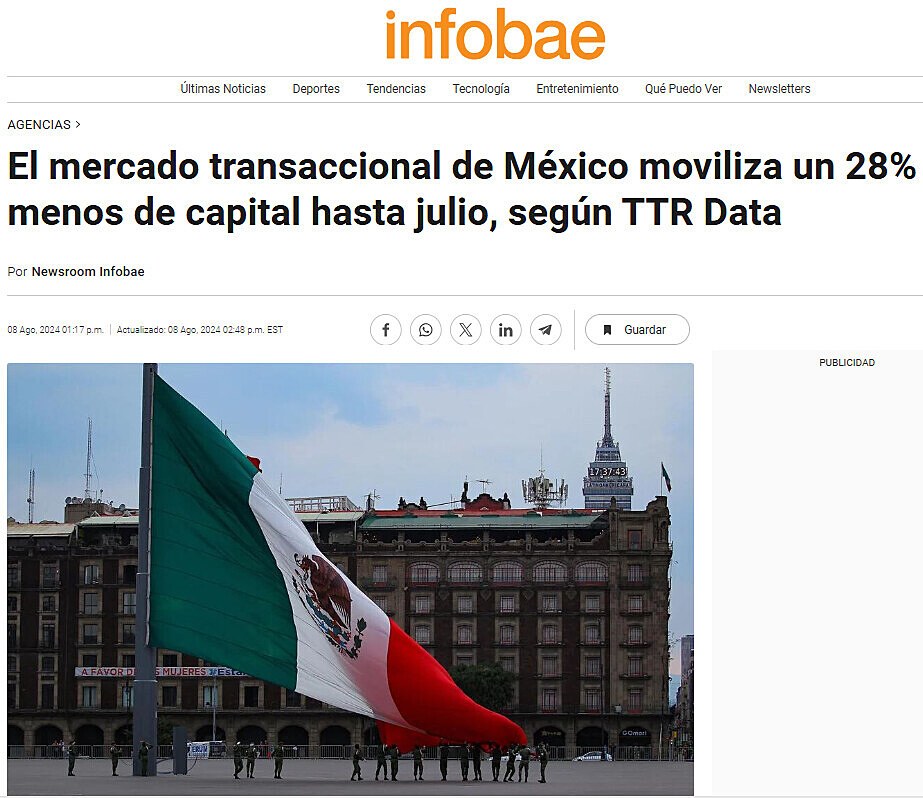 El mercado transaccional de Mxico moviliza un 28% menos de capital hasta julio, segn TTR Data